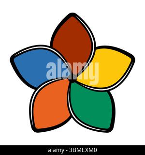 Illustration vectorielle colorée de fleurs abstraites à cinq pétales. Une illustration vectorielle vibrante et stylisée d'une fleur à cinq pétales avec un contour noir audacieux. Illustration de Vecteur
