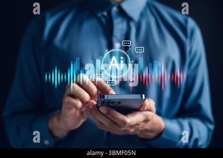 Interface d'assistant Voice ai avec Soundwave et icône chatbot sur smartphone. Reconnaissance vocale IA, assistant numérique intelligent, conversion parole-texte et convers Banque D'Images