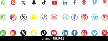 Jeu d'icônes de plateformes de médias sociaux, WhatsApp, instagram, snapchat, tiktok, youtube, linkedin, facebook, vimeo, pinterest icônes Illustration de Vecteur