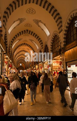 Les foules serpentent dans le bazar aux épices d'Istanbul, explorant des étals animés d'épices aromatiques, de fruits secs et de produits locaux. Banque D'Images