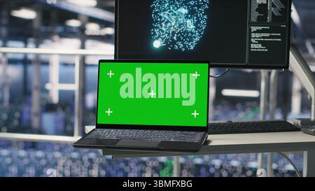 Maquette d'ordinateur portable dans un centre de données affichant l'activité d'un réseau neuronal. Station de travail portable à écran vert d'infrastructure automatisée sur une plate-forme industrielle à l'intérieur du hub de serveur montrant des scripts d'apprentissage automatique de l'IA Banque D'Images