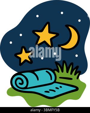 L'icône vectorielle dessinée à la main montre un sac de couchage roulé sur l'herbe sous les étoiles et la Lune. C'est une nuit claire avec plusieurs étoiles et un croissant de lune Illustration de Vecteur