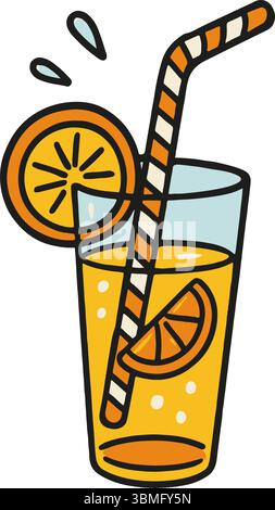Une illustration de doodle représente un verre rempli de jus d'orange. Il a une paille rayée et une tranche d'orange. Des éclaboussures d'eau sont sur le côté Illustration de Vecteur