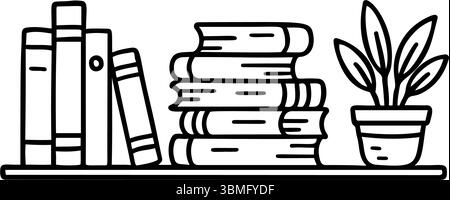 Cette illustration représente une étagère dessinée à la main avec des livres empilés et debout, à côté d'une plante en pot, à l'aide d'un simple dessin au trait Illustration de Vecteur
