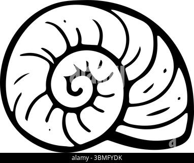 Un simple doodle dessiné à la main d'un coquillage est montré. La coquille a une forme de spirale et est créée avec des lignes noires sur un fond blanc. Vecteur art illu Illustration de Vecteur