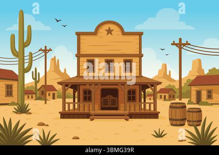 Une illustration vectorielle de Old Desert Western Cowboy Town Illustration de Vecteur