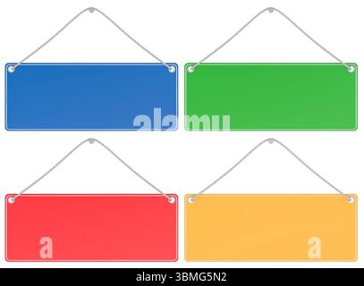 Panneaux suspendus rectangulaires vides de différentes couleurs, vue de face. Rendu 3D isolé sur fond blanc Banque D'Images