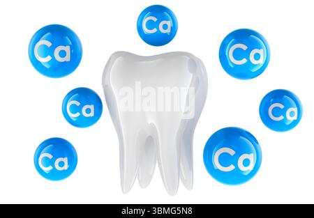 Dent molaire avec sphères calciques. Protection calcique pour les dents. Concept de résistance dentaire. Rendu 3D isolé sur fond blanc Banque D'Images