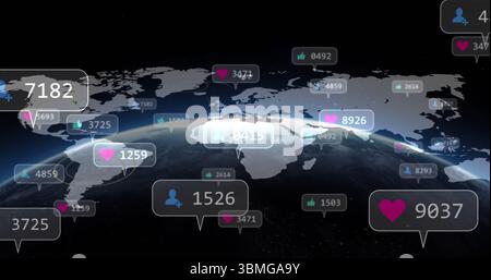 Affichage du globe terrestre numérique en orbite, montrant la superposition de la carte du monde avec les étiquettes métriques des médias sociaux Banque D'Images
