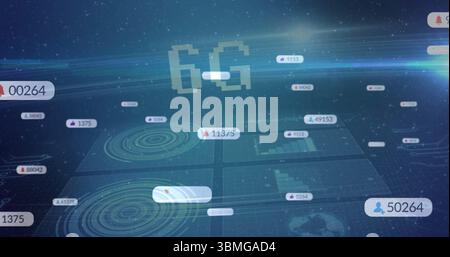 Projection d'une interface holographique centrale 6G montrant des panneaux de données dans le cyberespace avec des graphiques radar Banque D'Images
