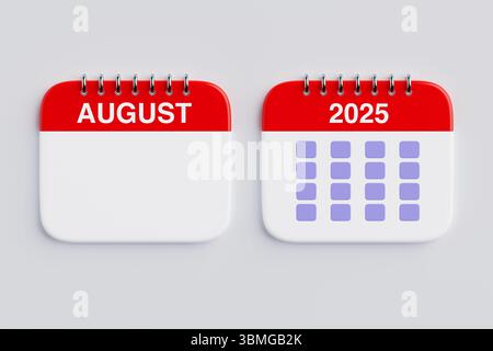 Icône de calendrier du mois d'août 2025 année sur fond blanc. Rendu 3D. Banque D'Images