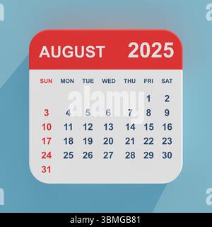 Calendrier d'icône plat août 2025 sur un fond bleu. Rendu 3D. Banque D'Images