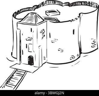 Clifford’s Tower, York, Angleterre croquis à l’encre noire et blanche. Emblématique donjon médiéval en pierre au sommet d'un monticule herbeux, riche en histoire et en patrimoine. Tourisme, Illustration de Vecteur