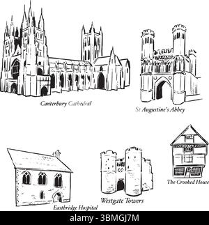 Cathédrale de Canterbury, Canterbury, Angleterre croquis à l'encre noire et blanche. Magnifique cathédrale gothique avec des flèches montantes, des pierres complexes. Illustration de Vecteur
