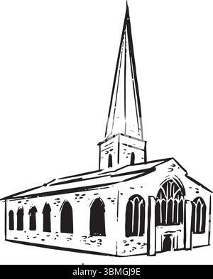 Église gothique avec grande flèche et arches pointues dans Line Art. Croquis à l'encre d'une église européenne de style gothique. Idéal pour historique, architectural Illustration de Vecteur