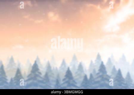 Représentant des cimes d'arbres enneigées de pin qui s'estompent dans la brume sous le ciel pastel du lever du soleil dans un design plat Banque D'Images