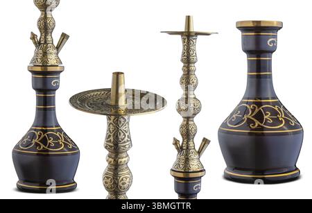 Ensemble de tuyau d'eau ou de narguilé, isolé sur fond blanc clair. Pièces de shisha traditionnelles et gravées faites à la main, motif doré Banque D'Images