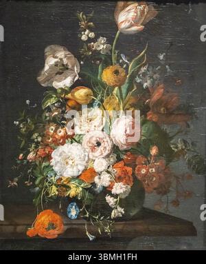 Vie de seuil avec des fleurs dans un vase en verre, Rachel Ruysch, huile sur toile, 1690-1720, Amsterdam, pays-Bas Banque D'Images