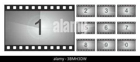 Cadre de film de compte à rebours, écran vidéo rétro d'animation d'intro de film. Minuterie de démarrage, bordure de bande de film, compteur Vintage. Illustration vectorielle Illustration de Vecteur