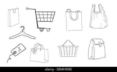 Doodle ensemble d'icônes d'achat panier, sac, panier, cadeau, coupon, illustrations de style croquis pour le commerce électronique, la vente, la livraison et les thèmes de magasin de mode. Isolé et mignon. Illustration vectorielle Illustration de Vecteur