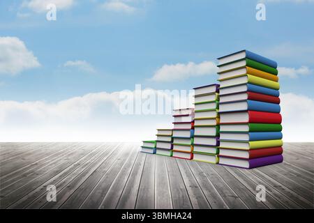 Des piles de livres à couverture rigide multicolores s'élèvent sur du plancher en bois sous le ciel avec des nuages, un espace de copie Banque D'Images
