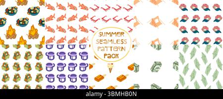 Pack de motifs de camping sans couture d'été. Collection de 10 motifs sans couture avec des éléments de camping et d'été. Style de dessin animé plat sur fond blanc. Illustration de Vecteur