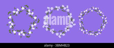 Collection de cadres fleuris en forme de couronne. Ensemble de trois couronnes florales avec des fleurs blanches, roses et lavandes sur des branches vertes à feuilles. Style plat dessiné à la main sur pu Illustration de Vecteur