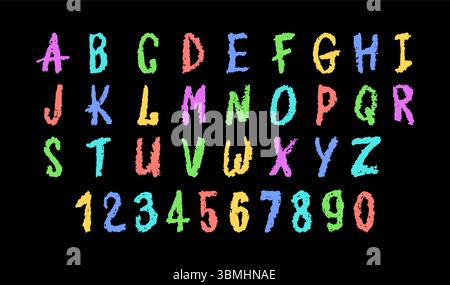Illustration vectorielle colorée de l'alphabet anglais et des chiffres 0-9, dessinée à la main dans un style crayon, craie, pastel ou cire. Effet de surligneur sur un Illustration de Vecteur