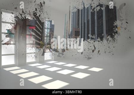 L'illustration de conception plate montre un studio blanc lumineux avec un mur pelant révélant la rue de la ville Banque D'Images