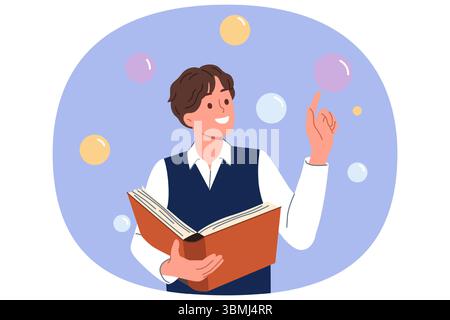 Guy étudiant avec le livre dans les mains lit la littérature de science-fiction et se tient parmi les bulles d'air Illustration de Vecteur