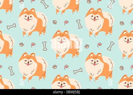 Modèle sans couture d'un Spitz pomeranian. Chiens mignons dessinés dans un style plat, Spitzes allemands de race pure. Imprimer pour les vêtements d'enfants, les vêtements de chien, le tissu et le papier. Illustration de Vecteur