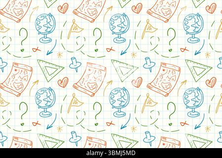 Un dessin complet sur le thème de la géographie, le concept de rentrée scolaire sur une page de carnet. Fournitures scolaires, croquis colorés d'un globe, cartes, itinéraires. Un fond coloré pour les enfants. Illustration de Vecteur