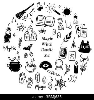 Éléments magiques Doodle et potions pour sorcières et sorciers dans le monde de la sorcellerie et de l'enchantement Illustration de Vecteur