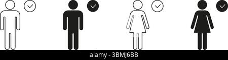 Jeu d'icônes d'approbation homme et femme. Représentation du sexe avec coche symbolisant l'acceptation et la vérification. Contour et silhouette unie Illustration de Vecteur