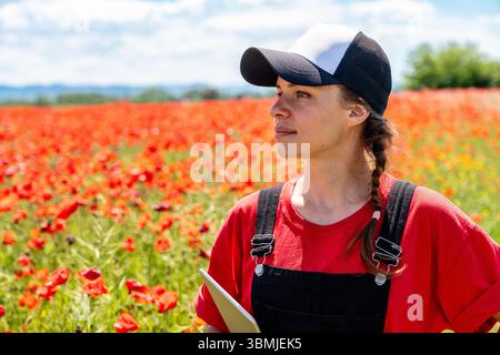 Femme écologiste de restauration avec comprimé dans le champ sauvage de pavot repeuplé Banque D'Images