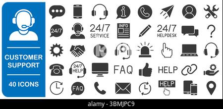 Jeu d'icônes Service clientèle et support. Prise en charge de la collection d'icônes. L'ensemble contient l'aide en ligne, le service d'assistance, la réponse rapide et les commentaires. Illustration vectorielle ima Illustration de Vecteur