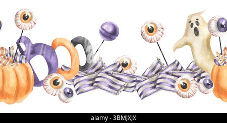 Halloween bonbons et bonbons bordure sans couture aquarelle avec seau de citrouille, oeil de gelée gost et illustration caramel orange et violet. Bannière isolée Banque D'Images