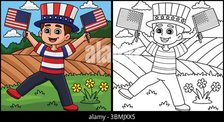 4 juillet Boy Two American Flas illustration Illustration de Vecteur