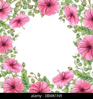 Mauve rose aquarelle avec des bourgeons d'orchidée et des vignes grimpantes cadre carré de fond isolé. Fleurs d'hibiscus lumineuses pour invitations de mariage Banque D'Images