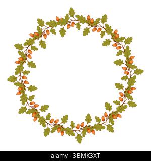 Couronne de glands de chêne sur la branche, belles branches de chêne avec des fruits de glands en forme de cadre rond, espace vide pour une inscription. Isolé sur bac blanc Illustration de Vecteur