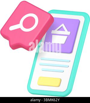 icône 3d illustration vectorielle réaliste montrant un écran de smartphone avec panier et loupe dans une bulle de dialogue, adapté au commerce électronique a Illustration de Vecteur