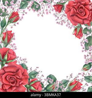 Roses rouges, feuilles et cadre carré aquarelle rose gypsophila. Illustration florale arrière-plan isolé. Cadre avec espace de copie pour le texte. Banque D'Images