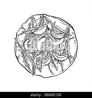 Tortilla vectorielle monochrome ou pizza avec roquette et tranches d'avocat illustration de croquis graphique. Pain plat avec des herbes et des légumes gravure dessin. Illustration de Vecteur