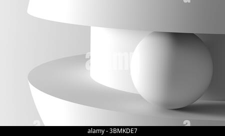 Représentation artistique minimaliste avec des formes géométriques blanches, y compris une sphère entourée de surfaces courbes. Parfait pour les concepts de conception. Abstr Banque D'Images