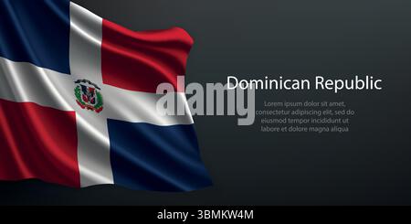 Drapeau national de la République dominicaine avec des ondulations et des ombres sur un fond noir dégradé Illustration de Vecteur