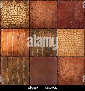 Texture photo 4k sans couture de divers carreaux de cuir à motifs de couleur brune avec des matériaux en daim, crocodile et reptile. Banque D'Images
