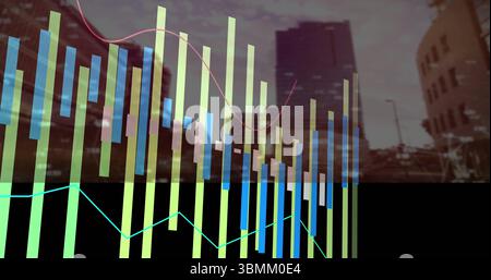 Graphiques à barres et lignes image au-dessus du paysage urbain avec de grands bâtiments Banque D'Images