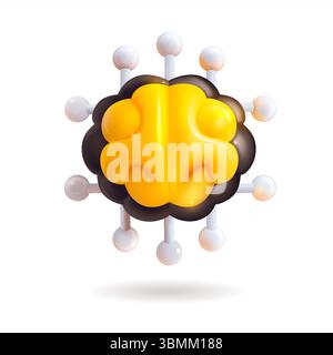 Un rendu 3D vibrant d'un cerveau jaune et noir est présenté artistiquement, entouré de nombreuses sphères blanches flottantes qui améliorent l'attrait visuel Illustration de Vecteur