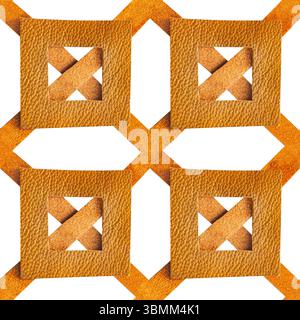 Texture isolée sans couture 4k de maille tissée de bracelet en cuir de daim marron clair avec ornement carré de patch sur fond blanc. Banque D'Images