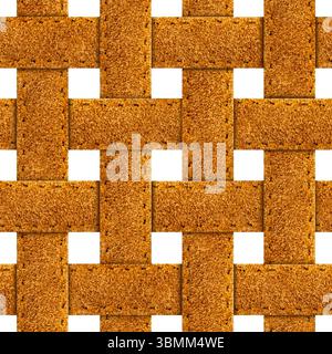 Texture 4k sans couture isolée de la grille de maille de sangles en cuir de daim marron clair sur fond blanc. Banque D'Images